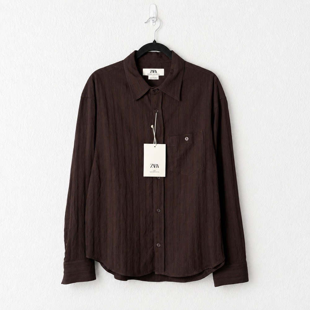 ZARA Limited Edition Striped Jacquard Button-Up Shirt Brown Men's L NWT